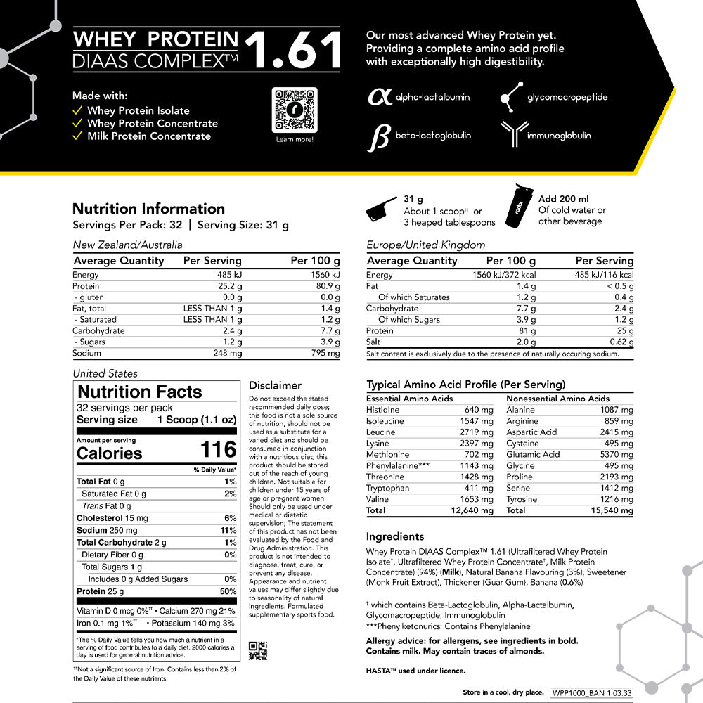 Whey Protein DIAAS Complex 1.61 - 1kg Bag / Banana