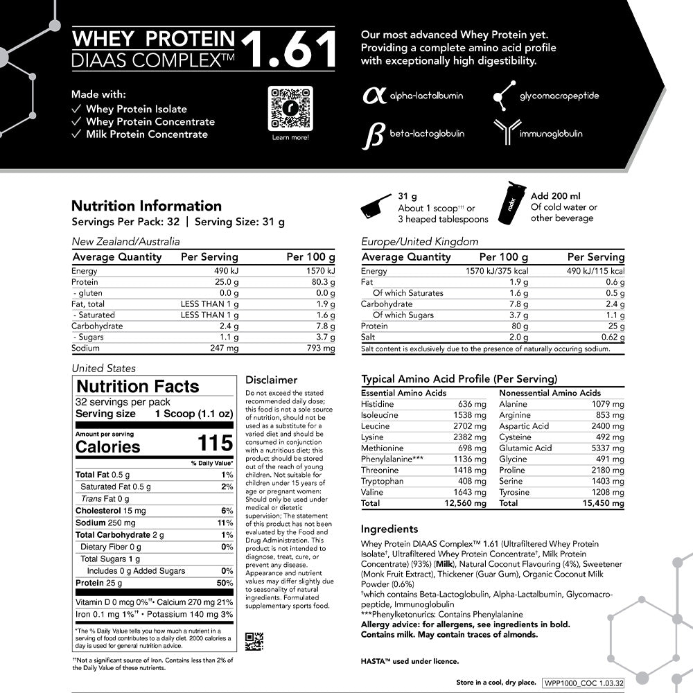 Whey Protein DIAAS Complex 1.61 - 1kg Bag / Coconut