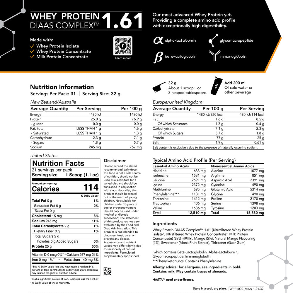 Whey Protein DIAAS Complex 1.61 - 1kg Bag / Mango
